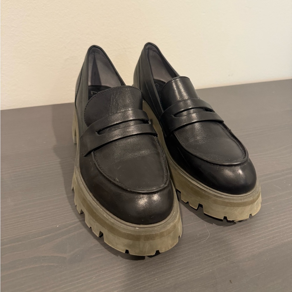 Marc Fisher Black Leather Loafers with Army Green Sole